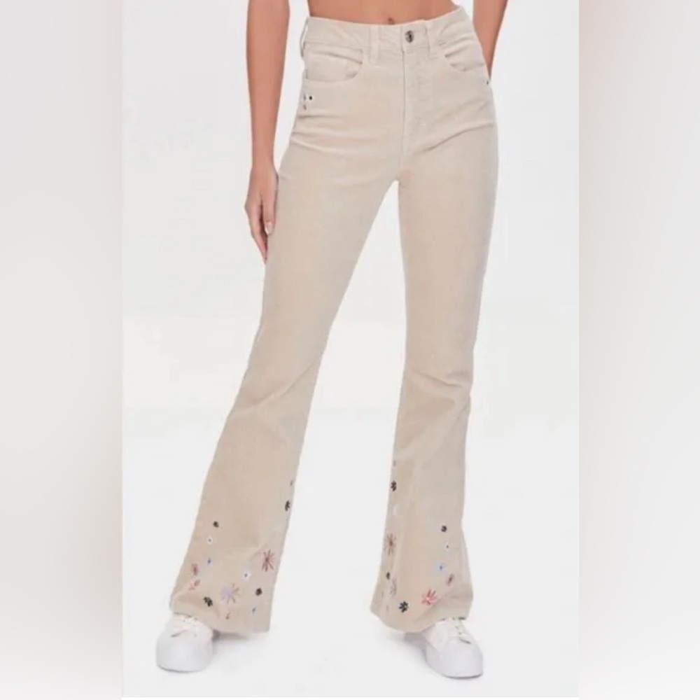 Forever 21 Embroidered Floral Corduroy Pants - Size L